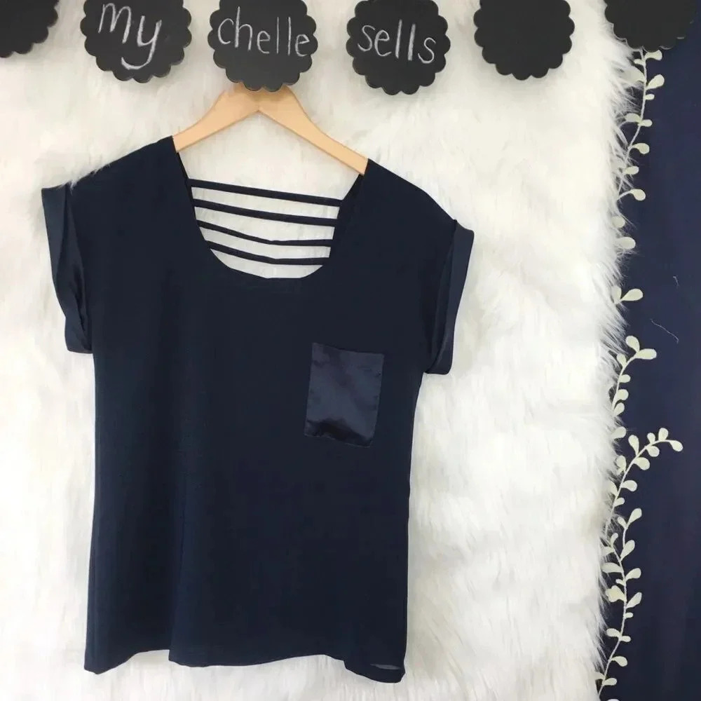 AQUA Navy Satin Trim Cut Out Short‎ Sleeve Top